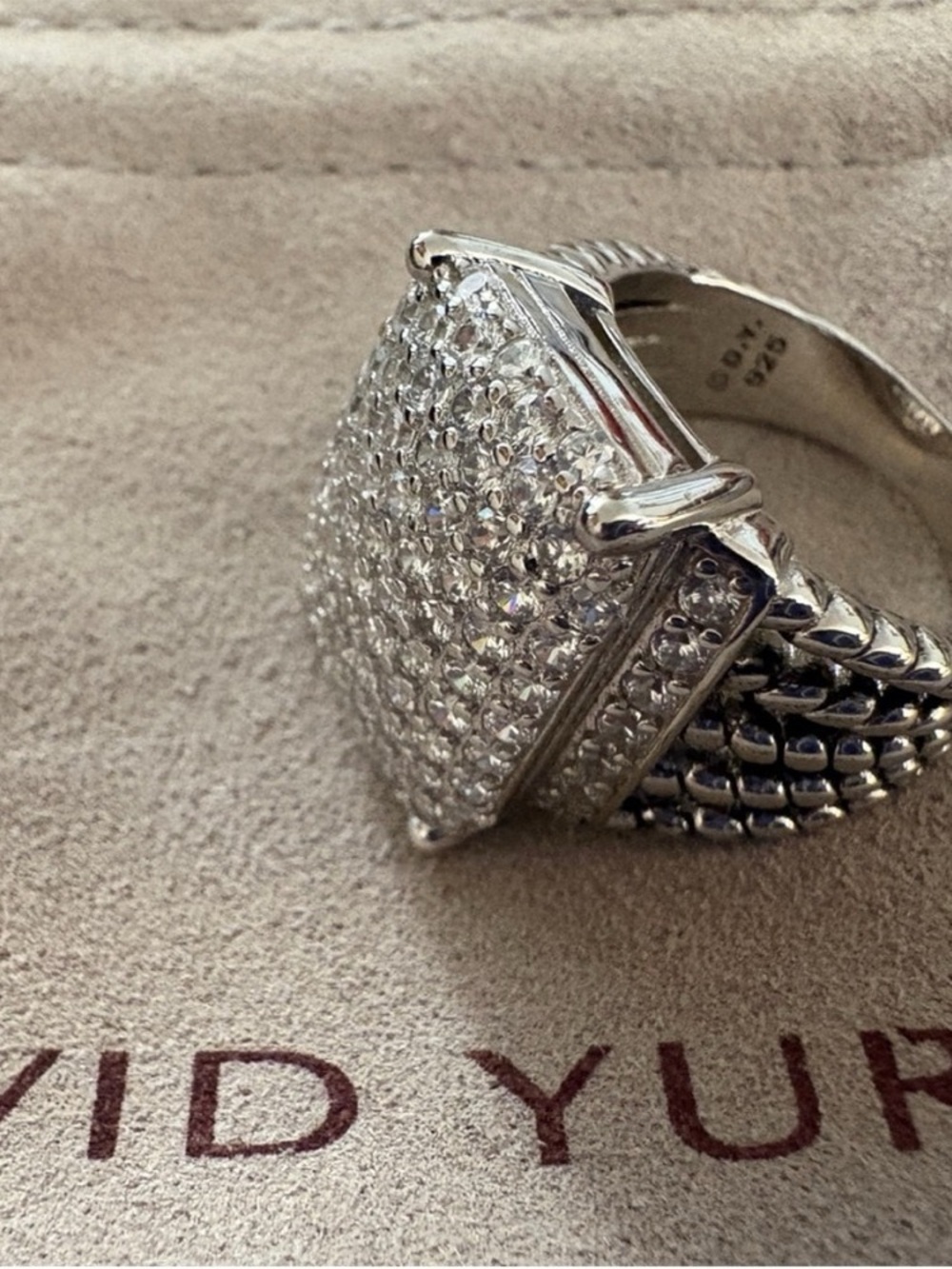 David Yurman Silver Pavé Diamond Cushion Ring